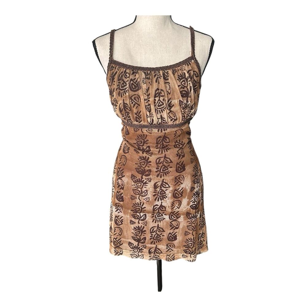 Vintage 5.7.9 Jody of California Mini Dress Brown Tribal Print Mesh Small USA